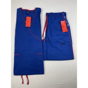 Dagacci Scrub Set Top & Pant Small #1500 Blue Polyester Blend Contrast Trim NWT‎